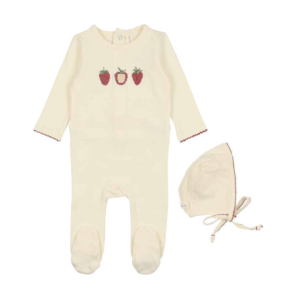 Lil Legs Embroidered Fruit Footie & Bonnet - Ivory/Strawberry