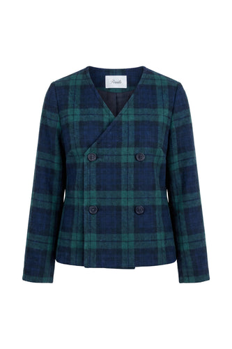 Pernille Plaid Collarless Jacket - Navy/Green