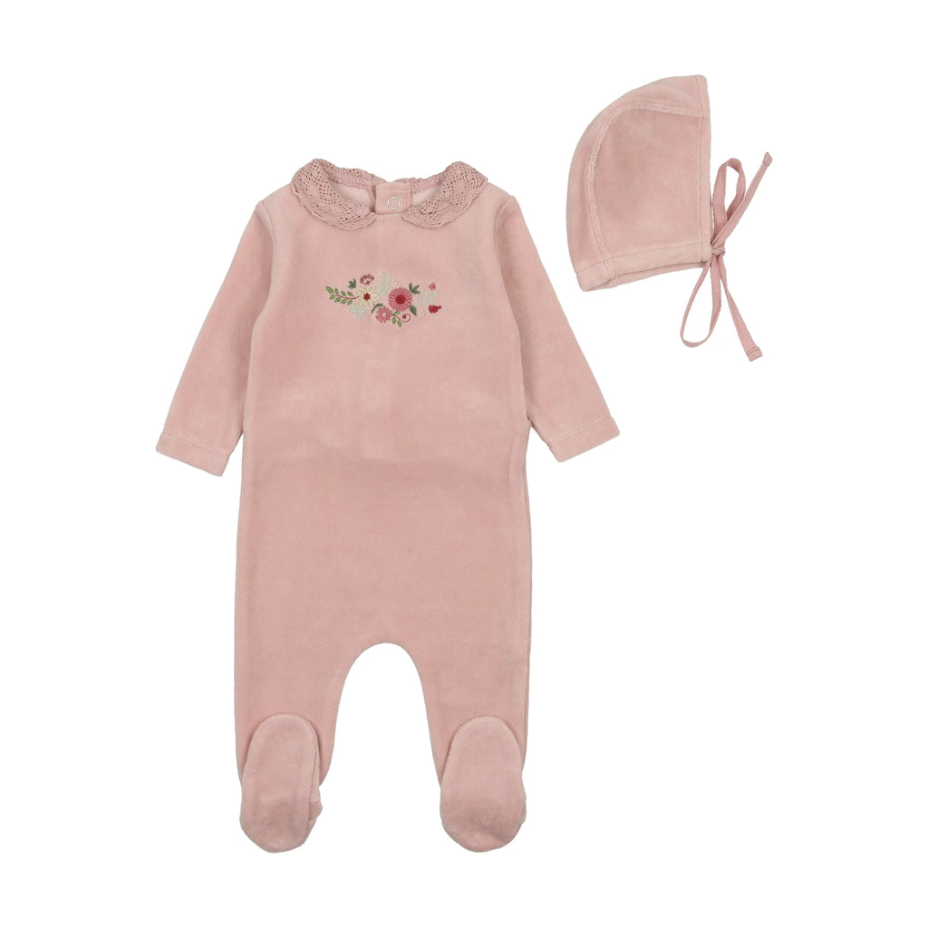 Bee & Dee Embroidered Flowers Footie with Beanie - Creme Pink