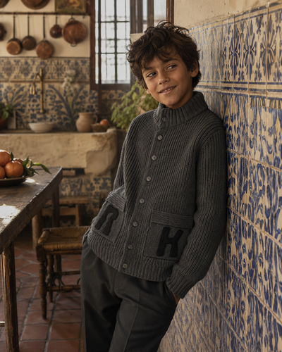 Retro Kid Arthur Knit Sweater with Pocket Logo - Grey