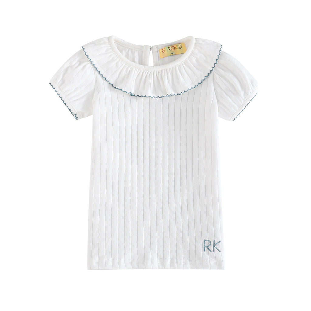Retro Kid Emery Pointelle Collared T-shirt - White/Light Blue (Short Sleeve)