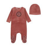 Bee & Dee Clock Velour Footie with Beanie - Rhurbarb