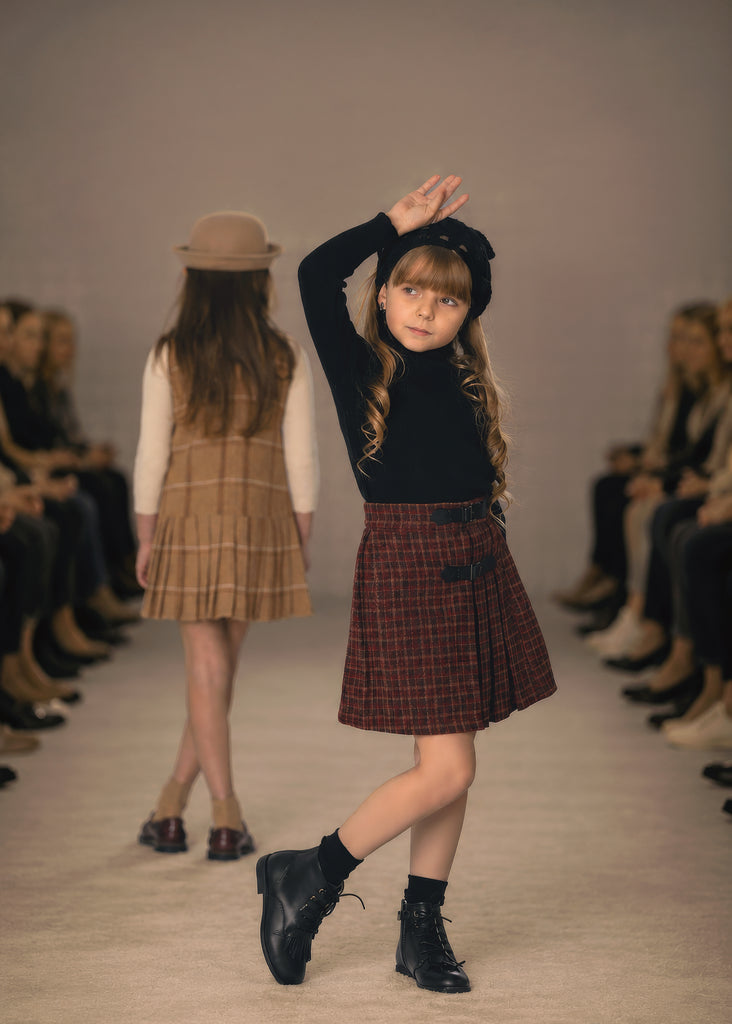 Mode Avant Cherry Plaid Skirt With Black Knit Turtleneck