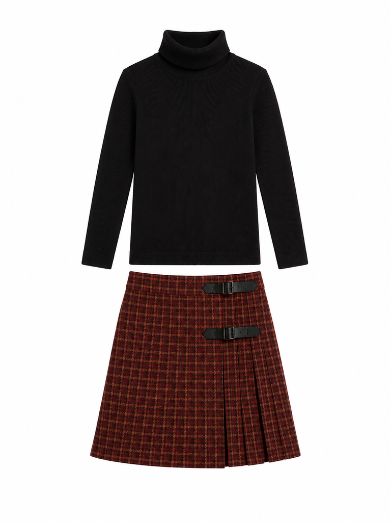 Mode Avant Cherry Plaid Skirt With Black Knit Turtleneck