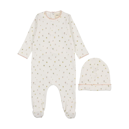Mema Polka Dot Floral Print Footie & Beanie - Floral Pink