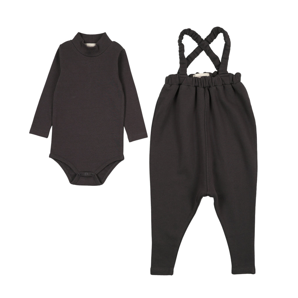 Farren & Me French Terry Overall And Mockneck Onesie Set - Washed Black