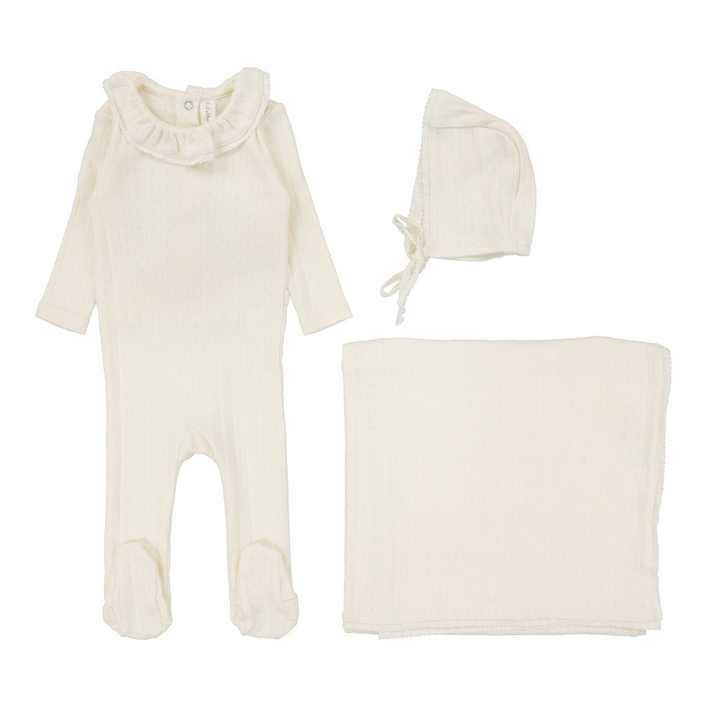 Lilette Fine Pointelle Collar Layette Set - Cream Ruffle