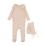 Lilette Fine Pointelle Ruffle Collar Footie & Bonnet - Petal