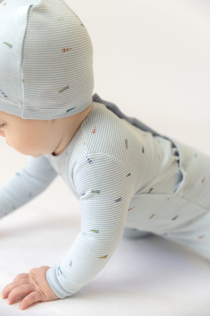 Bee & Dee Flag Print Footie And Beanie - Blue Fog