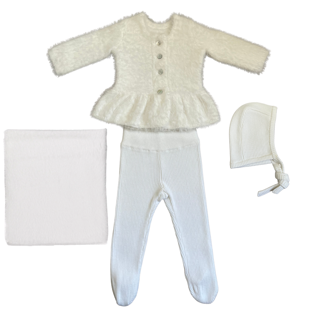 Kipp Mink Ruffle Cardigan & Hat Set with Blanket