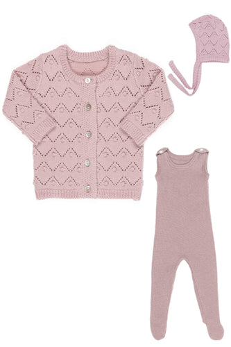 Kipp Rib Knit Overalls, Chunky Pointelle Cardigan & Bonnet Set - Pink