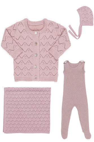 Kipp Rib Knit Overalls, Chunky Pointelle Cardigan & Bonnet W Blanket - Pink