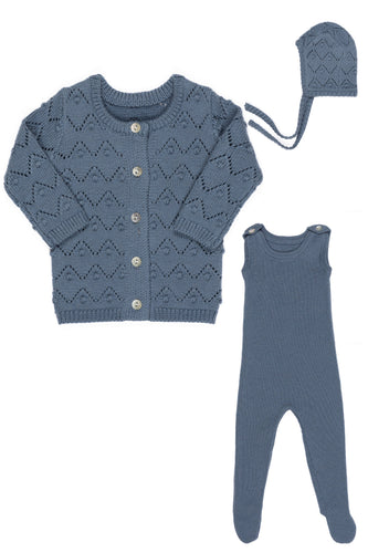 Kipp Rib Knit Overalls, Chunky Pointelle Cardigan & Bonnet Set - Blue