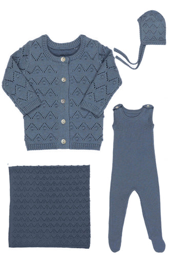 Kipp Rib Knit Overalls, Chunky Pointelle Cardigan & Bonnet W Blanket - Blue
