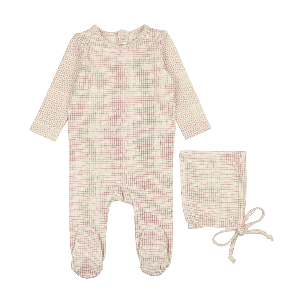 Lil Legs Grid Footie & Bonnet - Cream/Rose