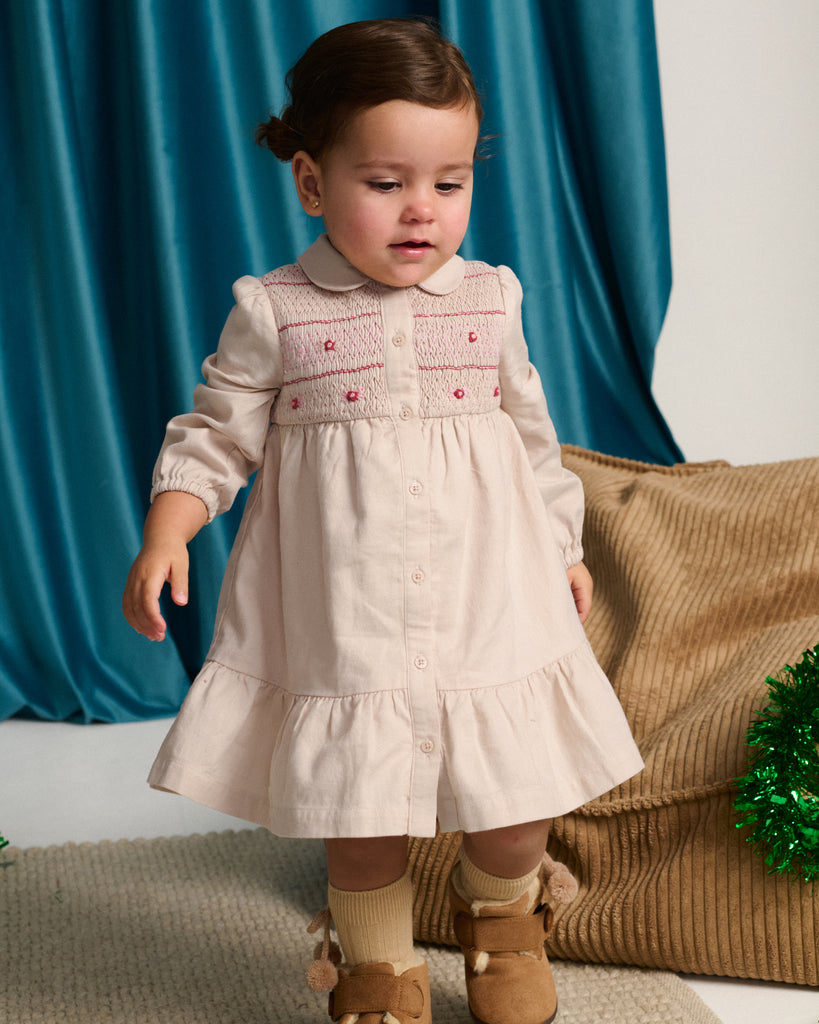 Gingersnaps Baby Moira Smocked Dress With Rose Bullion Embroidery IGDR1259 - Pink