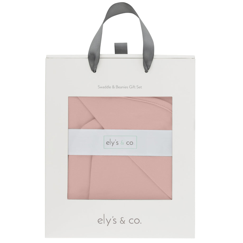 Ely's & Co Blush Jersey Swaddle Blanket with 2 Beanies