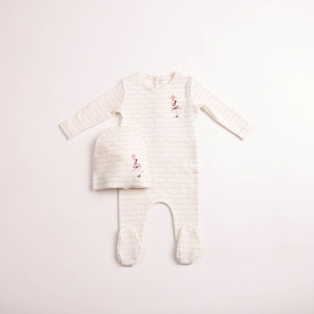 Bee & Dee Girls Goose On Script Footie And Beanie - Linen