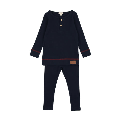 Lil Legs Henley Ribbed Set - Navy / Red