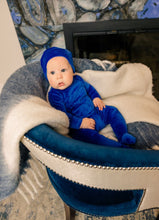 Load image into Gallery viewer, Little Label Velour Embroidered Footie &amp; Hat Set - Boys - Blue