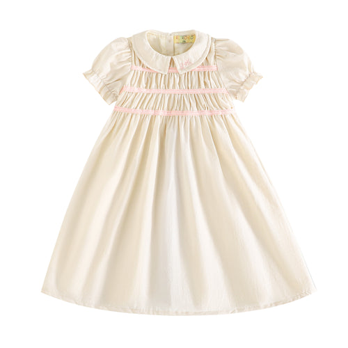 Retro Kid Halston Smocked Short Sleeve Dress - Cream/Pink