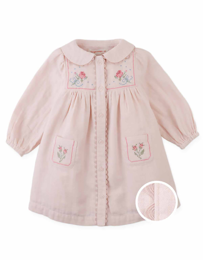 Gingersnaps Baby Lottie Button Down Dress With Cross Stitch IGDR1269 - Peach