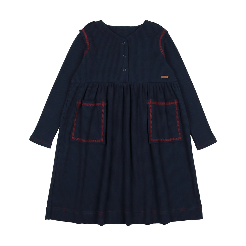 Lil Legs Ribbed Placket Dress - Navy / Red