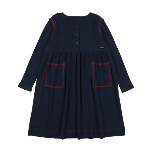 Lil Legs Ribbed Placket Dress - Navy / Red