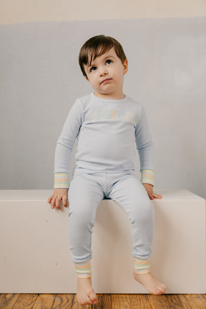 Limited Edition Multi Pastel Striped Cuff Logo Pajamas - Sky