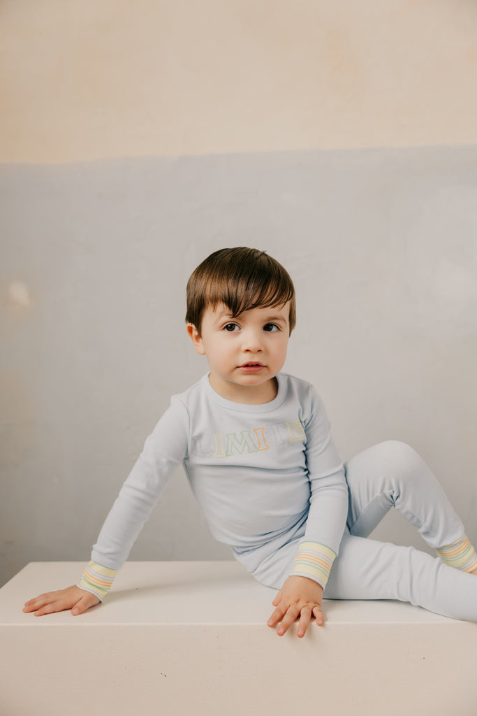 Limited Edition Multi Pastel Striped Cuff Logo Pajamas - Sky