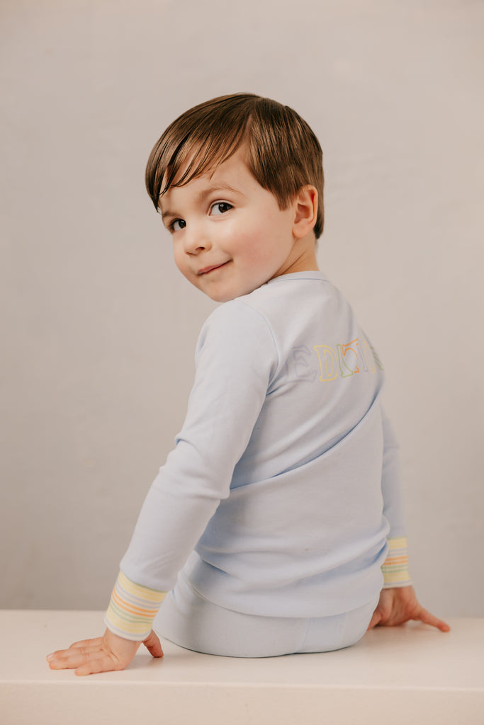 Limited Edition Multi Pastel Striped Cuff Logo Pajamas - Sky
