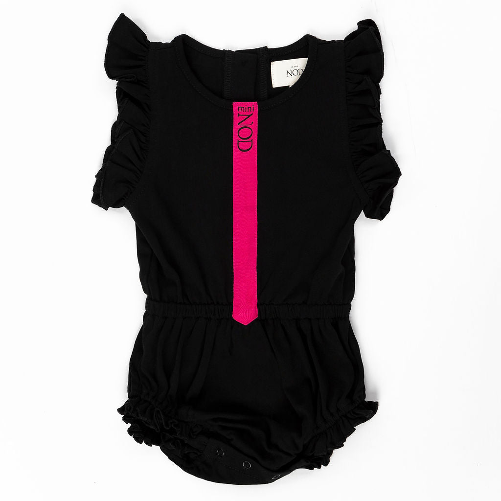 Mini Nod Ruffle Ribbon Baby Girl Romper - Black/Fuschia