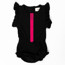 Load image into Gallery viewer, Mini Nod Ruffle Ribbon Baby Girl Romper - Black/Fuschia