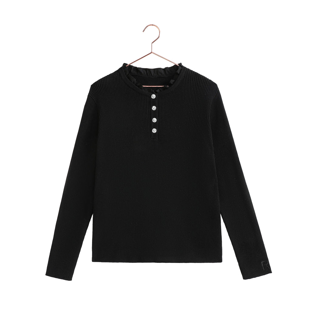 Retro Kid Isla Jewel Button Sweater With Ruffle Neck And Velvet Ribbed Maxi Skirt - Black