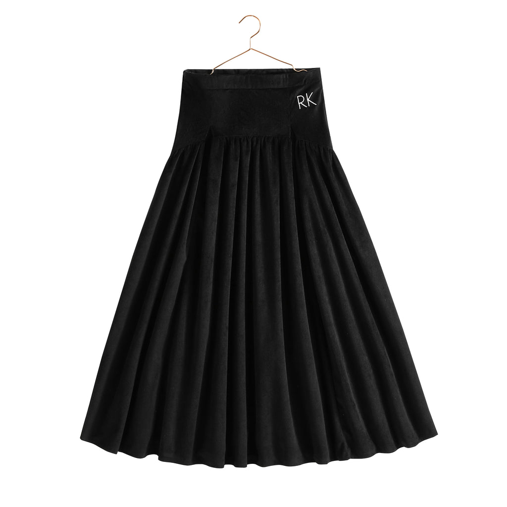 Retro Kid Isla Jewel Button Sweater With Ruffle Neck And Velvet Ribbed Maxi Skirt - Black