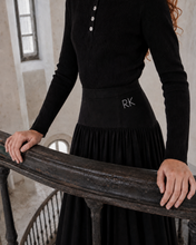 Load image into Gallery viewer, Retro Kid Isla Jewel Button Sweater With Ruffle Neck And Velvet Ribbed Maxi Skirt - Black