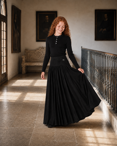 Retro Kid Isla Jewel Button Sweater With Ruffle Neck And Velvet Ribbed Maxi Skirt - Black