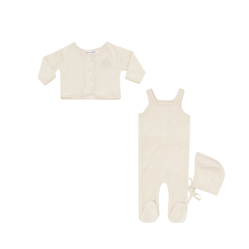Little Parni Cardigan and Romper-all Velour -Ivory