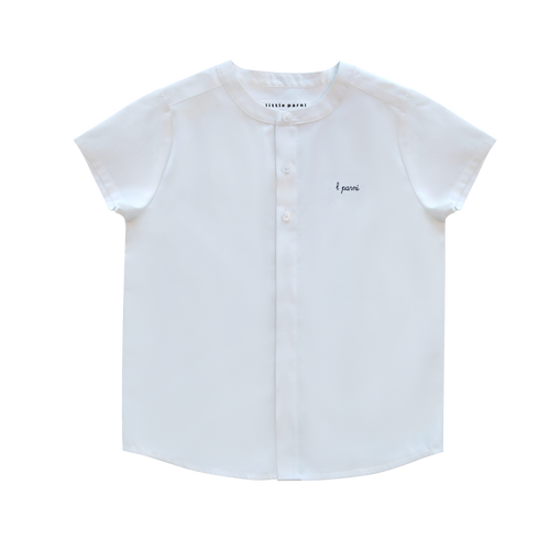 Little Parni Boys Mandarin Collar Short Sleeve White Shirt (K667) - White/Navy