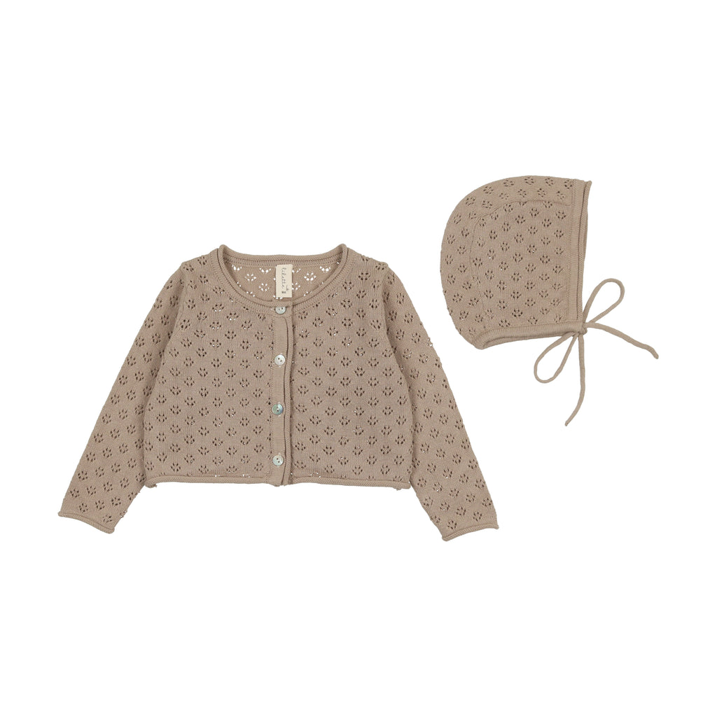 Lilette Knit Pointelle Cardigan & Bonnet - Taupe