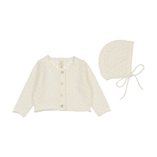 Lilette Knit Pointelle Cardigan & Bonnet - Winter White