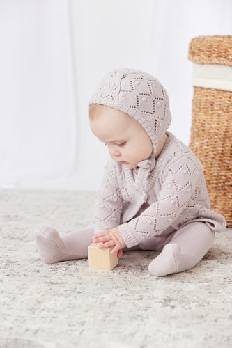 Kipp Rib Knit Overalls, Chunky Pointelle Cardigan & Bonnet W Blanket - Pink