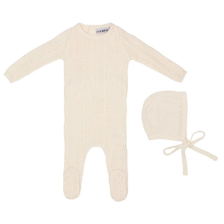 Mini Label Pointelle Knit Footie And Hat - Ivory