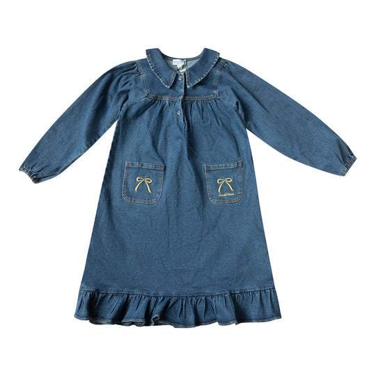 Limited Edition Embroidered Bow Collared Dress - Denim