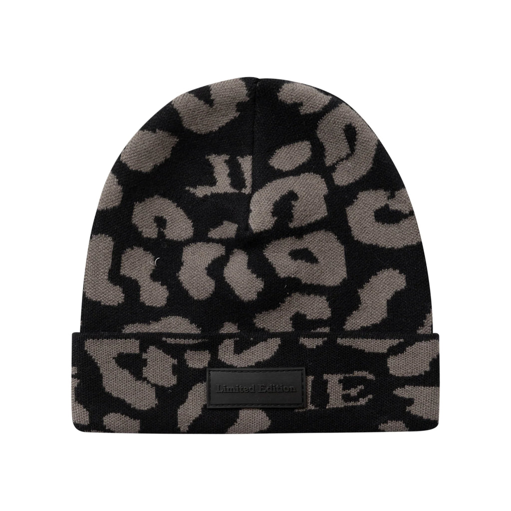 Limited Edition Leopard Knit Cuff Beanie - Grey