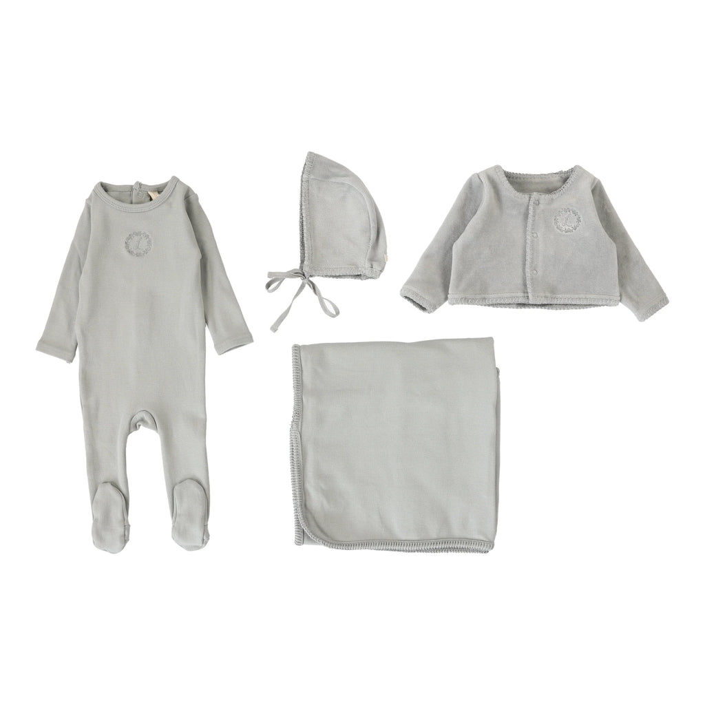Lilette Velour Cardi Layette Set - Dusty Blue
