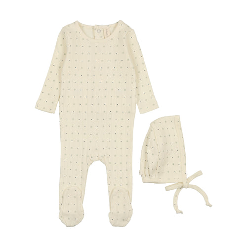Lilette Linear Printed Footie & Bonnet - Cream/Navy Dot