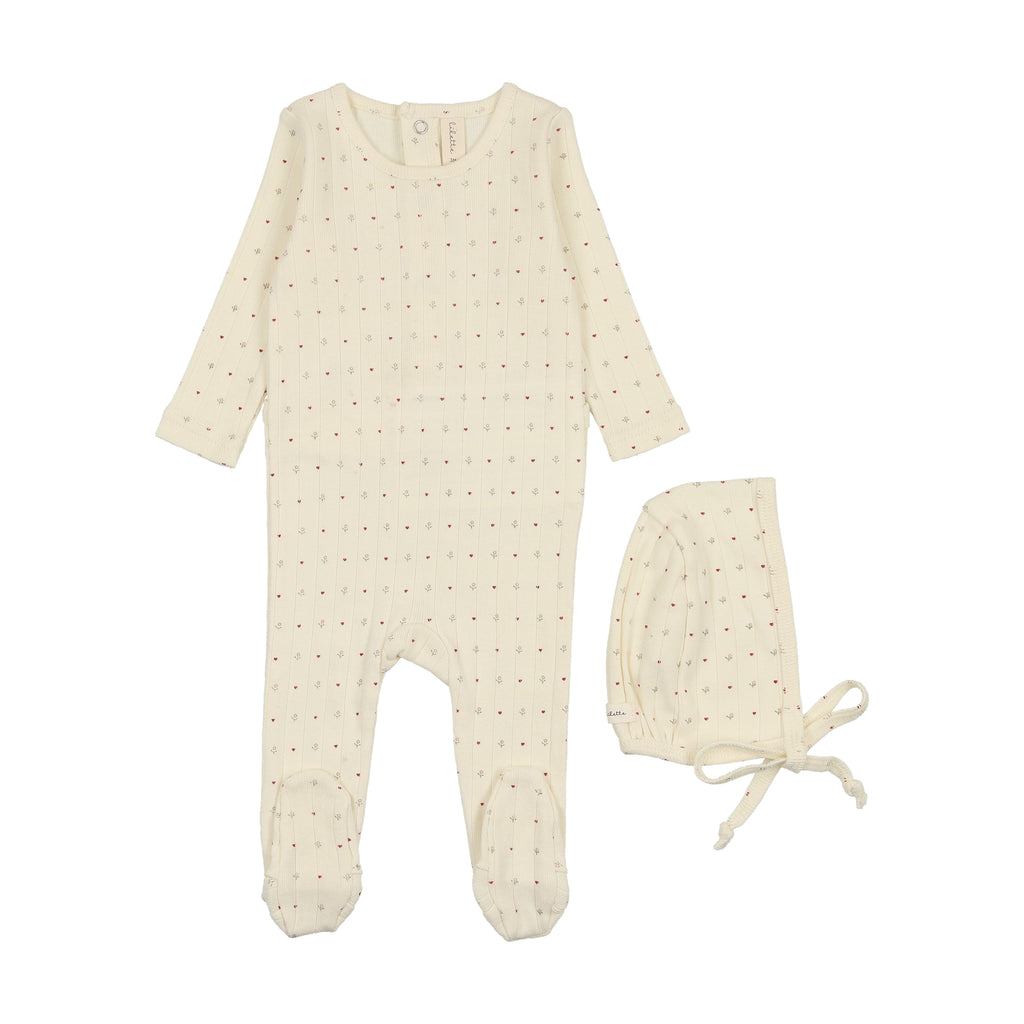 Lilette Linear Printed Footie & Bonnet - Cream/Red Dot