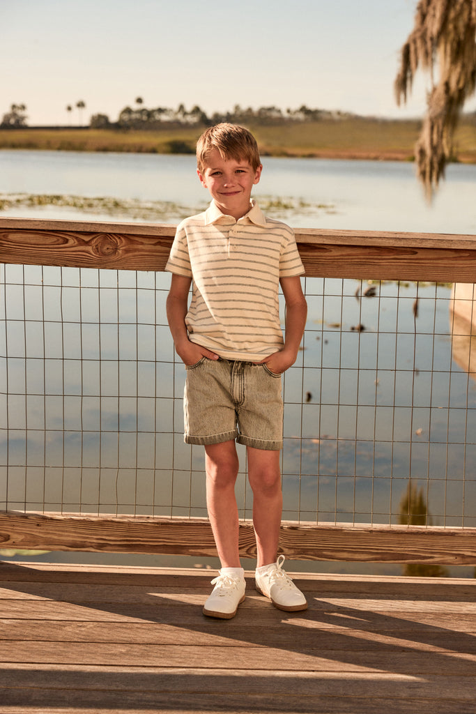 Little Parni Wide Striped Boys Polo (K615) - Grey/Ivory