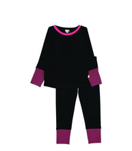 Load image into Gallery viewer, Lil Legs Striped Cuff Lounge Set - Black/Hot Pink